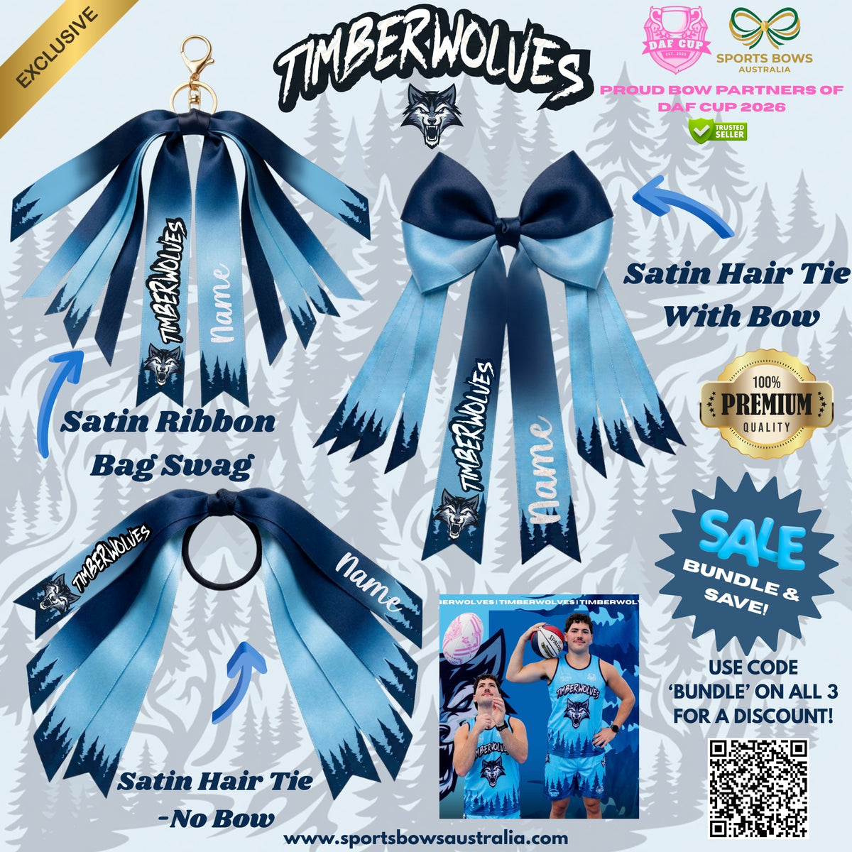 TIMBERWOLVES - OFFICIAL DAF CUP SATIN HAIR BOW & ACCESSORIES