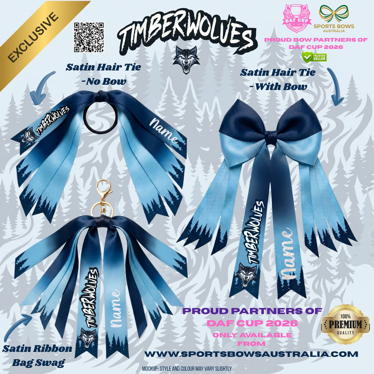 TIMBERWOLVES - OFFICIAL DAF CUP SATIN HAIR BOW & ACCESSORIES