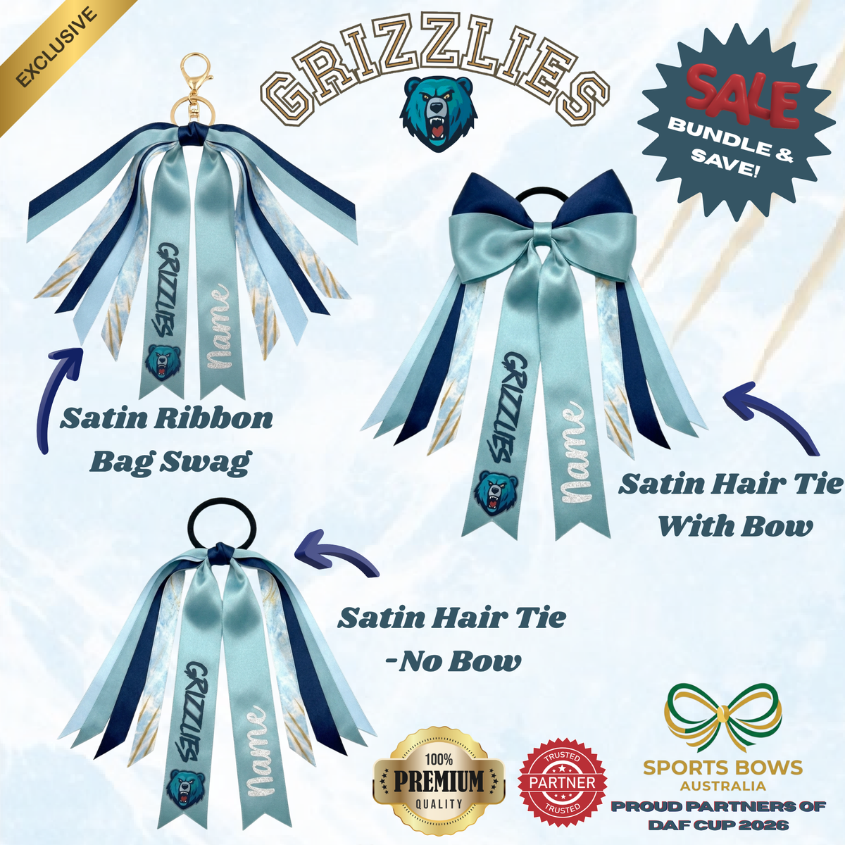 GRIZZLIES - OFFICIAL DAF CUP SATIN HAIR BOW & ACCESSORIES