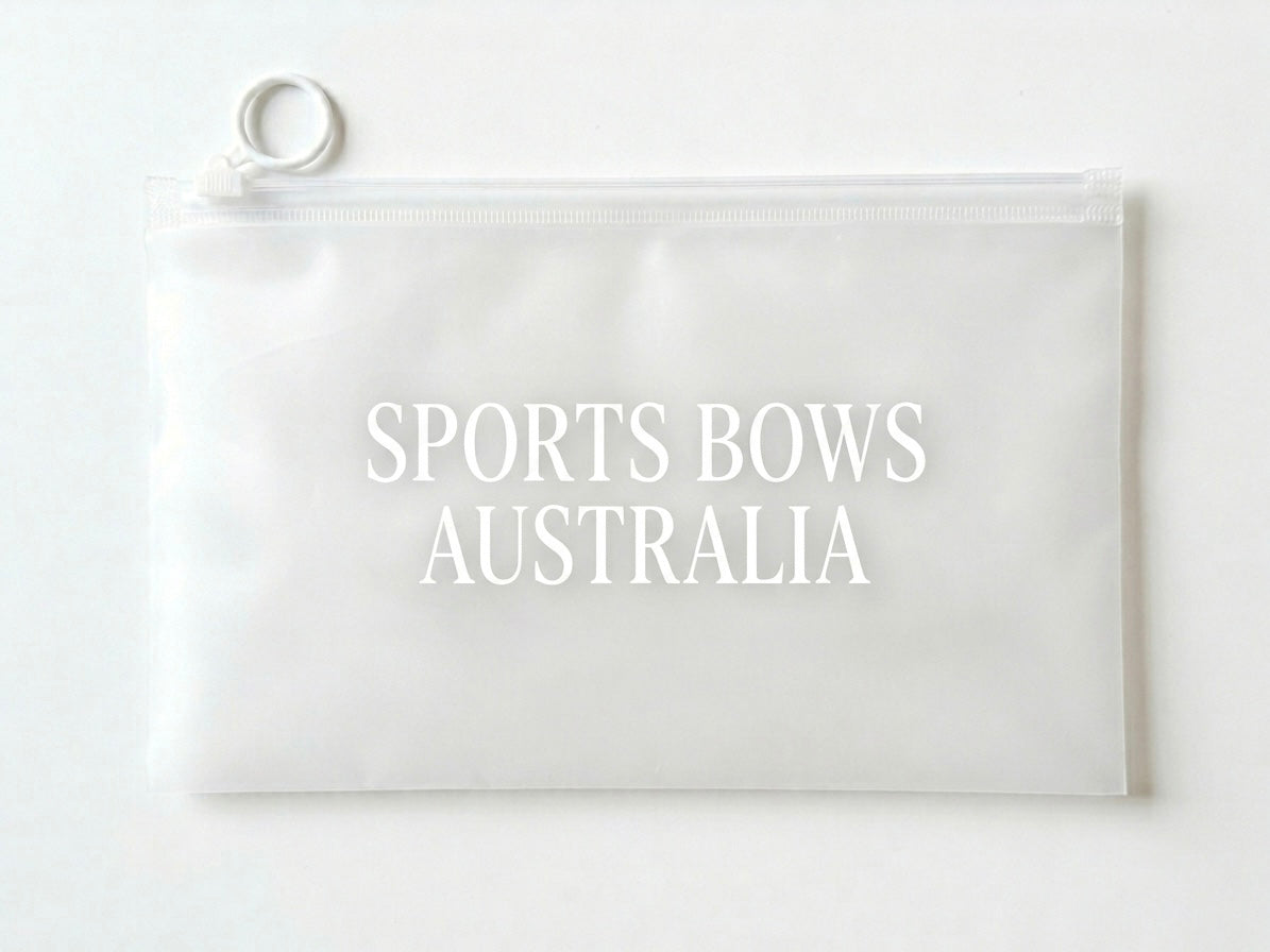A translucent white zippered pouch with a white hanging loop at the top left, featuring the text 'SPORTS BOWS AUSTRALIA' printed in white on the front, set against a plain white background. Perfect for keeping your SBA Satin Bows and Accessories safe while not in use or during tournament travels! Fits multiple bows and small accessories.