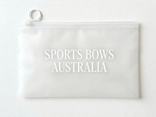 A translucent white zippered pouch with a white hanging loop at the top left, featuring the text 'SPORTS BOWS AUSTRALIA' printed in white on the front, set against a plain white background. Perfect for keeping your SBA Satin Bows and Accessories safe while not in use or during tournament travels! Fits multiple bows and small accessories.